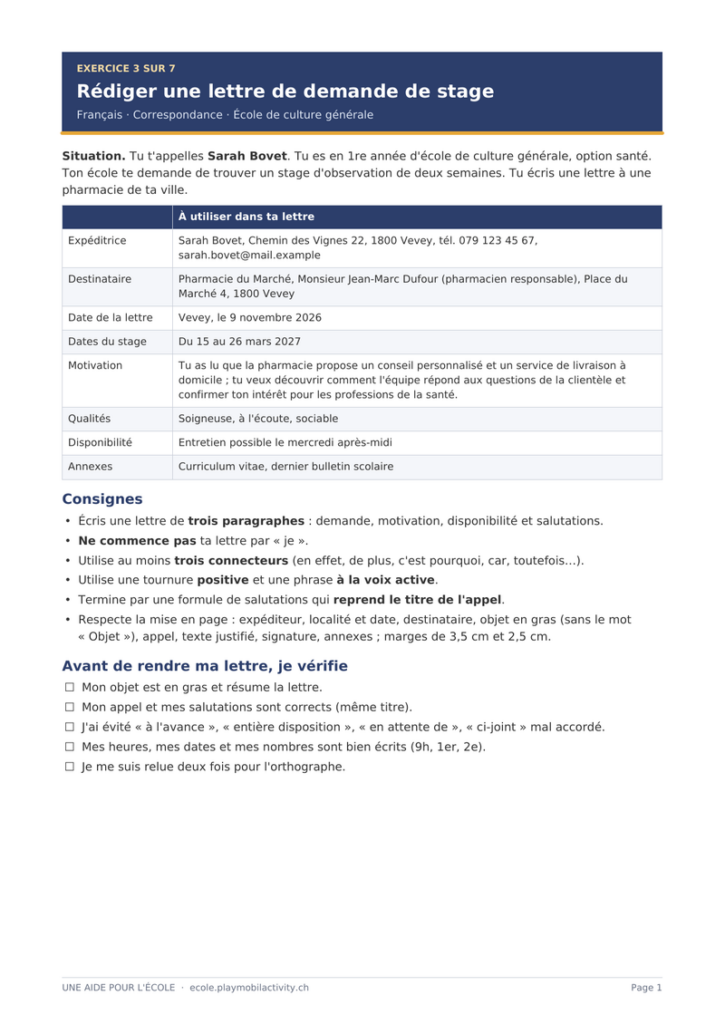Aperçu de l'exercice 3 de correspondance : Rédiger une lettre de demande de stage