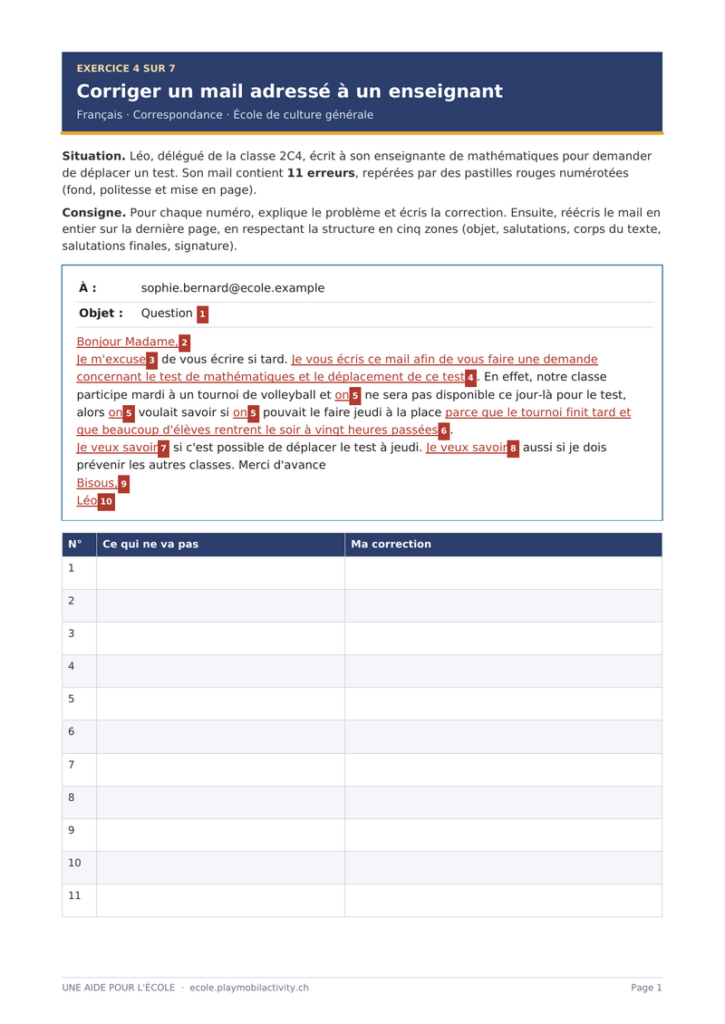 Aperçu de l'exercice 4 de correspondance : Corriger un mail adressé à un enseignant