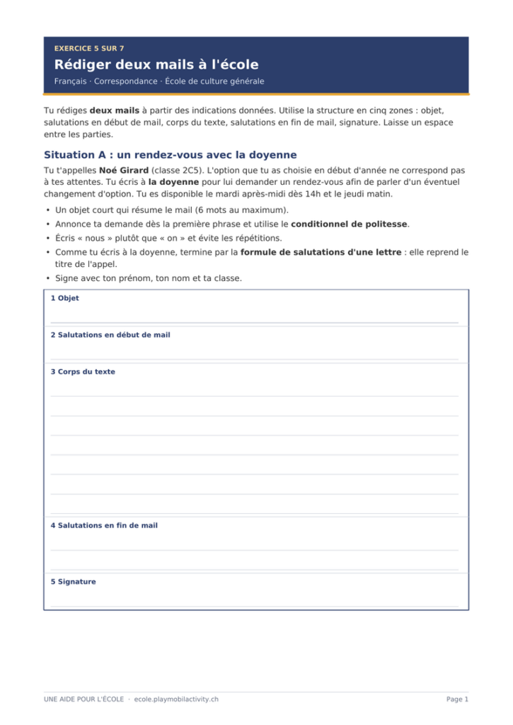 Aperçu de l'exercice 5 de correspondance : Rédiger deux mails à l'école