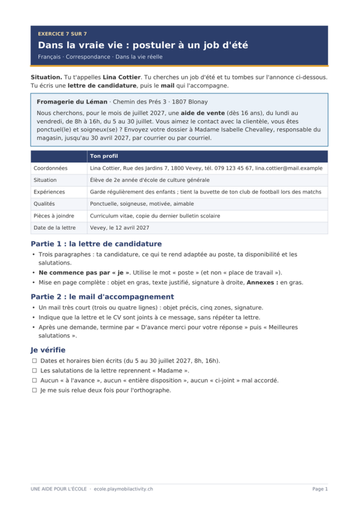 Aperçu de l'exercice 7 de correspondance : Dans la vraie vie : postuler à un job d'été